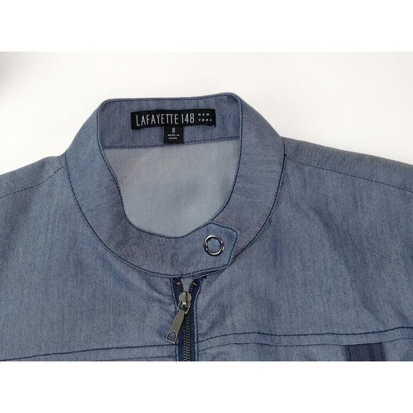 Lafayette 148 Womens Jacket Blue Ruched Utility Buckle Crew Neck Full Zip Size 8 - Picture 4 of 15